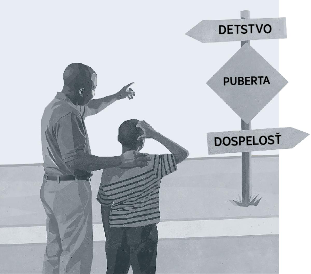 Otec ukazuje synovi značku s nápisom puberta na ceste z detstva do dospelosti