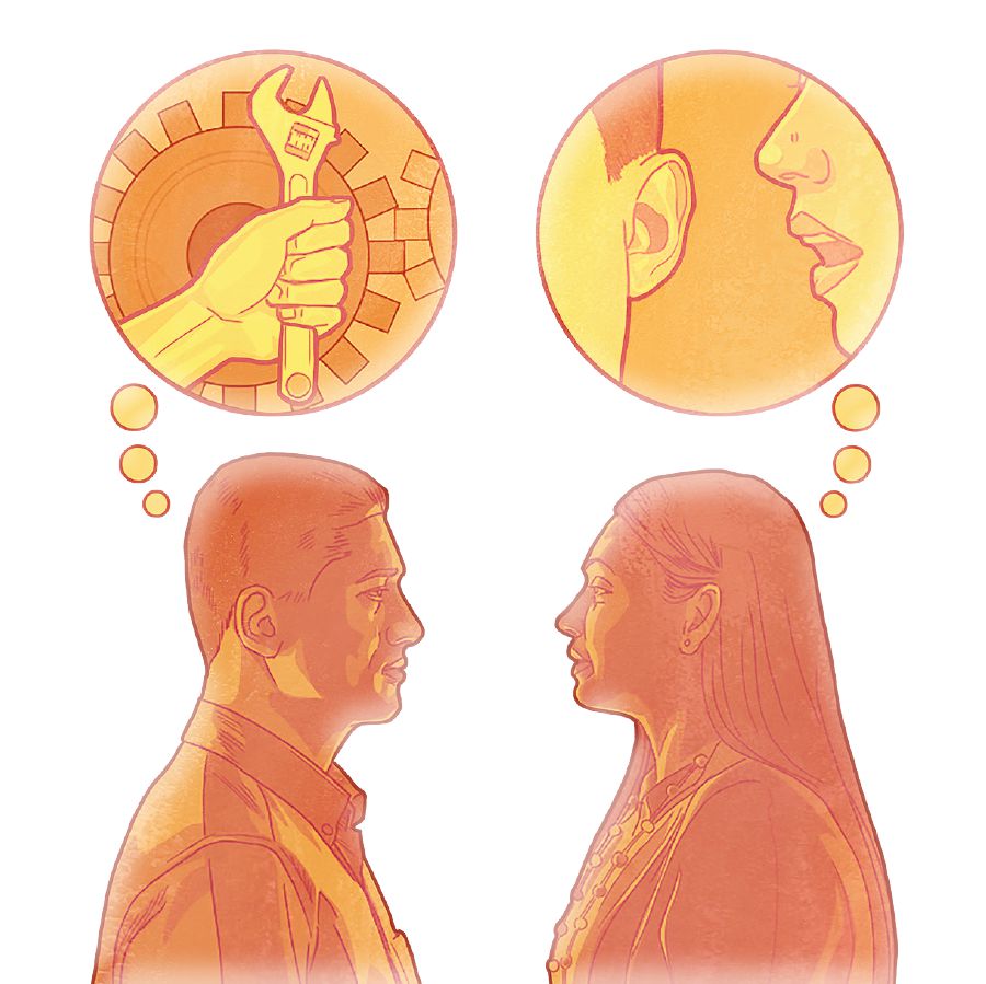 Muž premýšľa o riešení problému a žena o tom, ako sa o probléme porozprávať