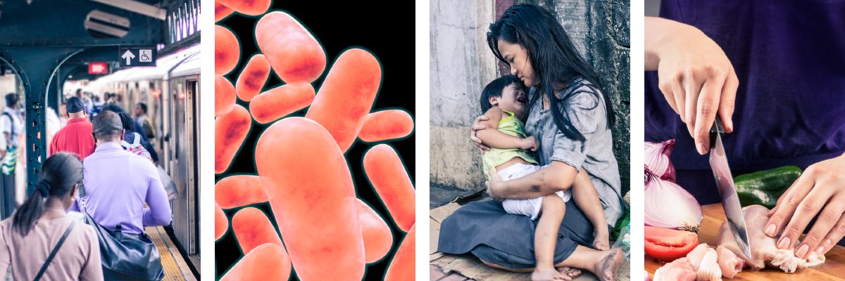 Rôzne príčiny chorôb: úzky kontakt pri cestovaní, mikróby, chudoba a nesprávne pripravované jedlo