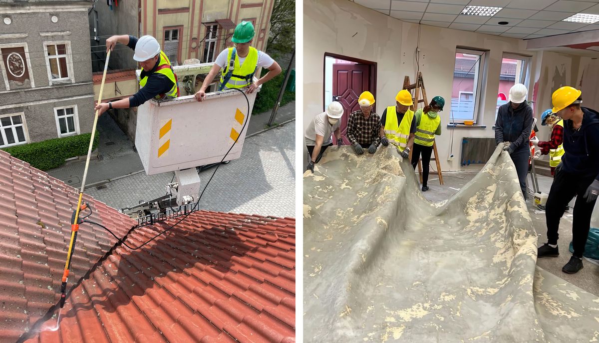 1. Dvaja bratia na zdvíhacej plošine čistia strechu sály Kráľovstva; 2. v tej istej sále bratia odstraňujú starý koberec