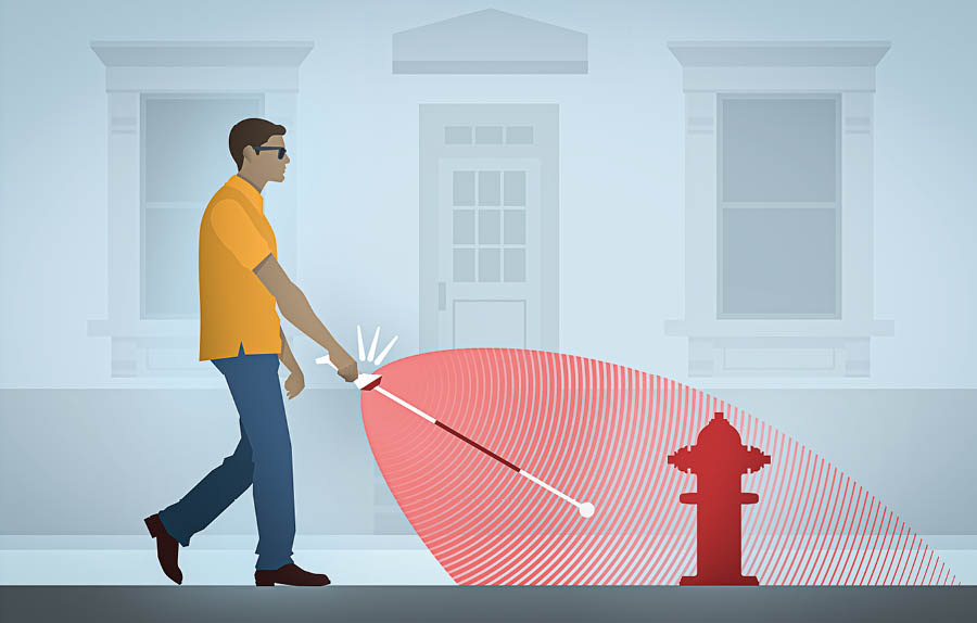 Nevidiaci muž s elektronickou palicou. Echolokácia v palici mu signalizuje, že na ceste je hydrant.