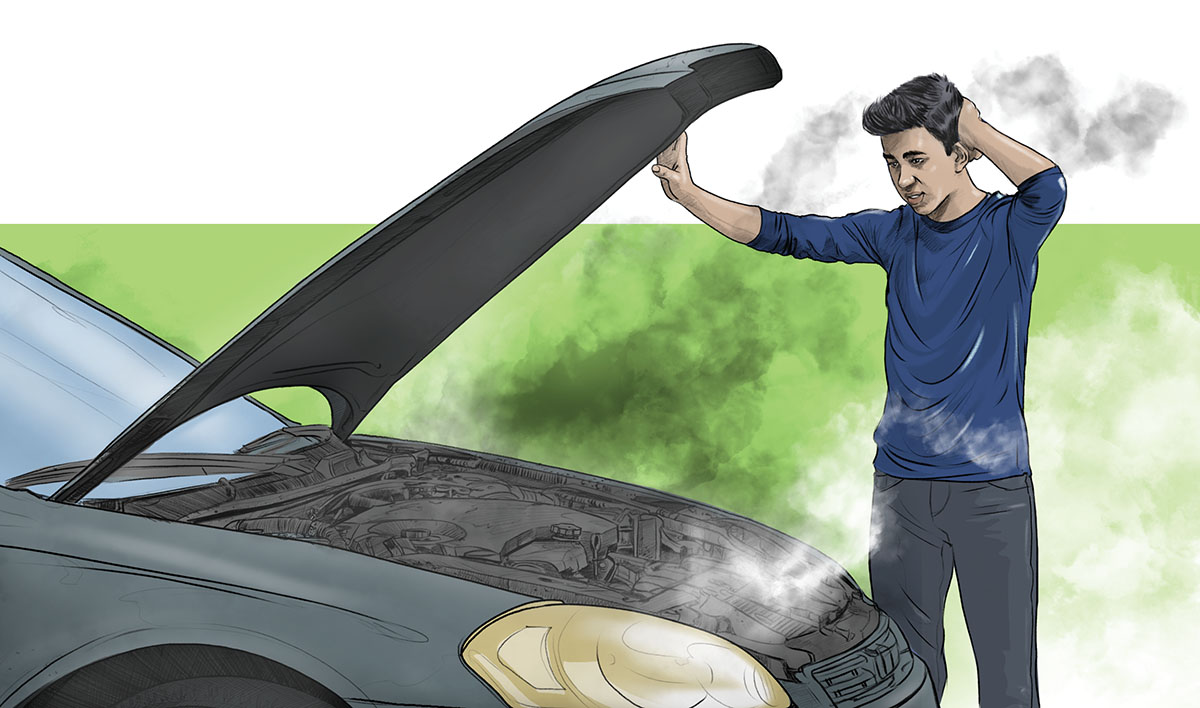 Chlapec sa pozerá pod kapotu auta, lebo zanedbal údržbu a teraz mu dymí motor