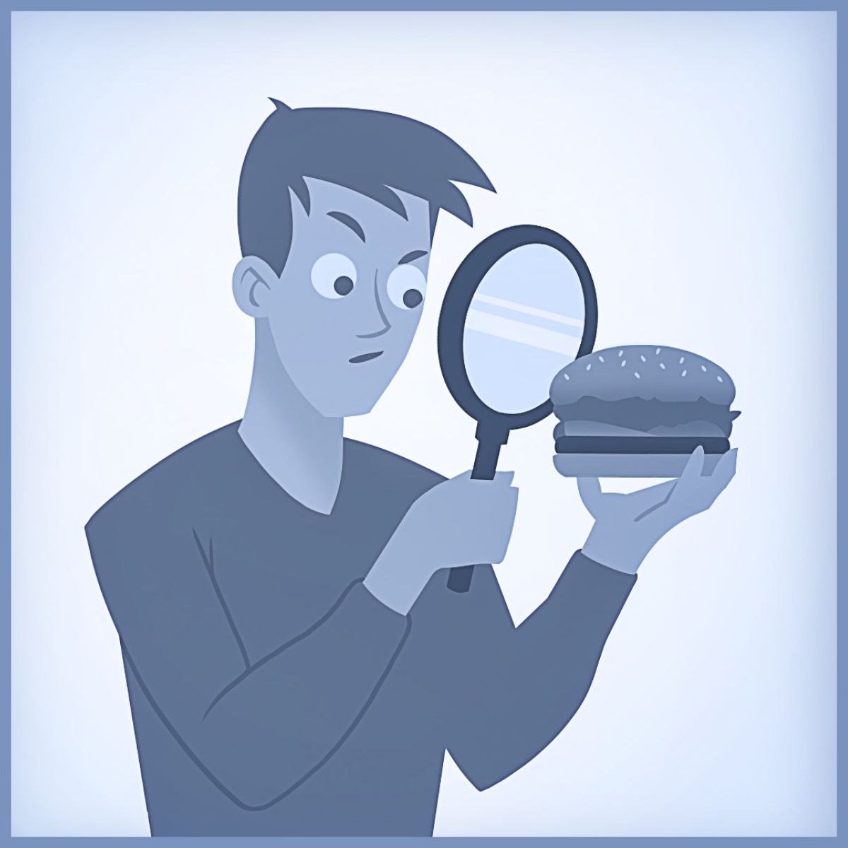 Chlapec skúma hamburger pod lupou