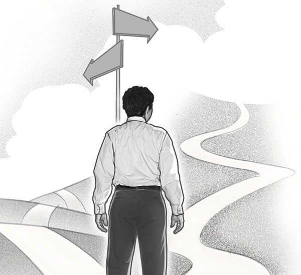 Mladý človek sa na rázcestí rozhoduje, kadiaľ ísť