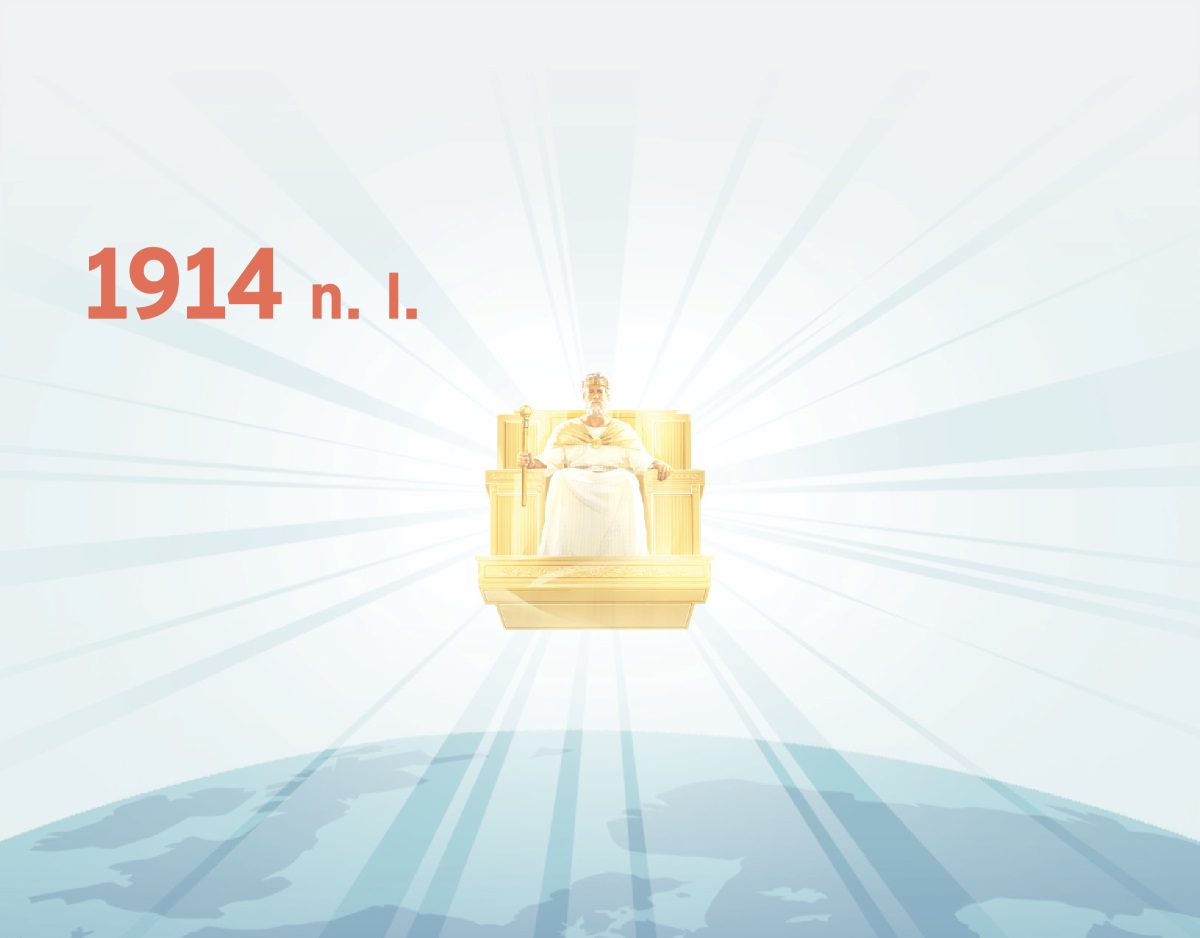 Jesus ruling over the earth from his heavenly throne beginning in 1914 C.E. Rays of light shine from him.