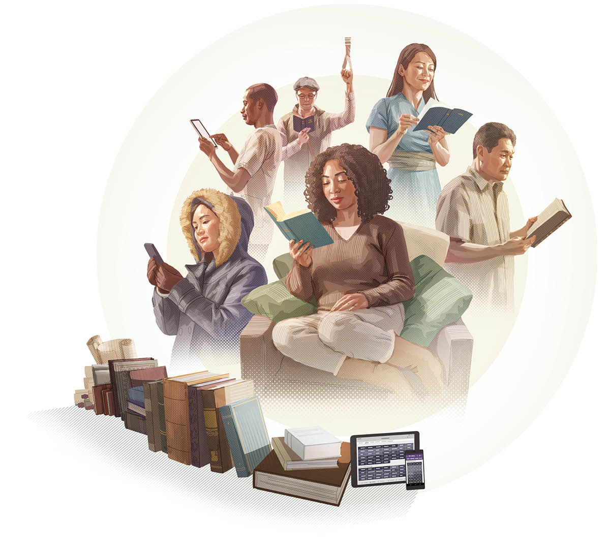 Ľudia rôznych rás a z rôznych národov čítajú Bibliu vo svojom jazyku