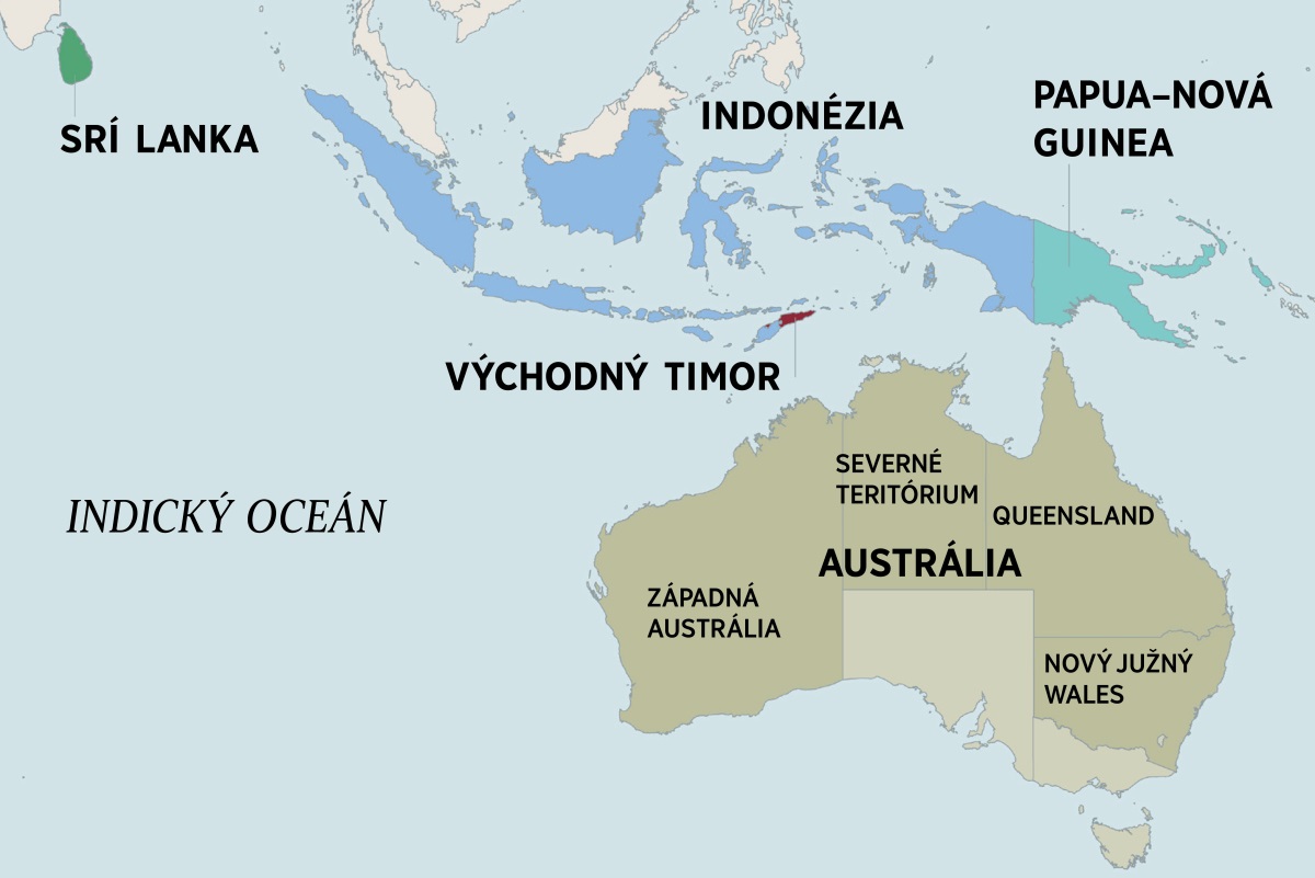 Mapa Austrálie a okolitých krajín vrátane Srí Lanky, Indonézie, Papuy-Novej Guiney a Východného Timoru. Na mape Austrálie je vyznačené Severné teritórium a štáty Západná Austrália, Queensland a Nový Južný Wales.