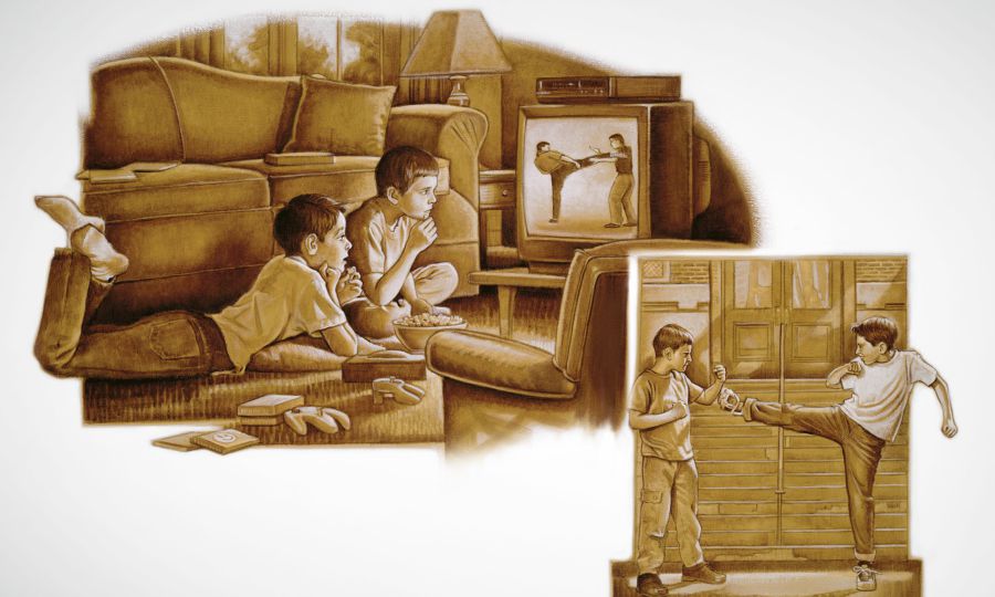 Dvaja chlapci sa pozerajú na násilie vo filme a potom ho napodobňujú