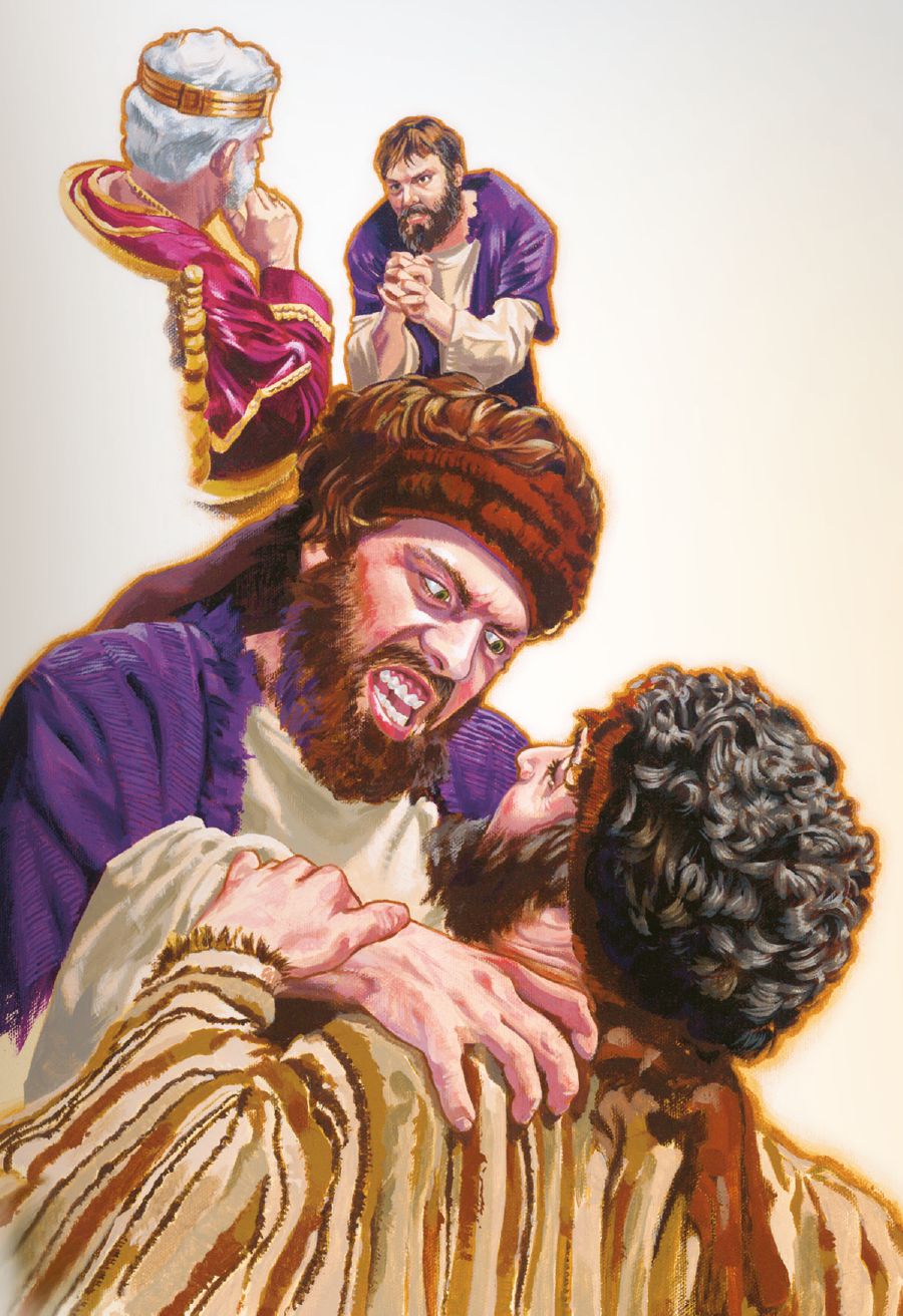 Otrok prosí kráľa, aby mu dal viac času na splatenie dlhu, ale neskôr schytí pod krk iného otroka a škrtí ho