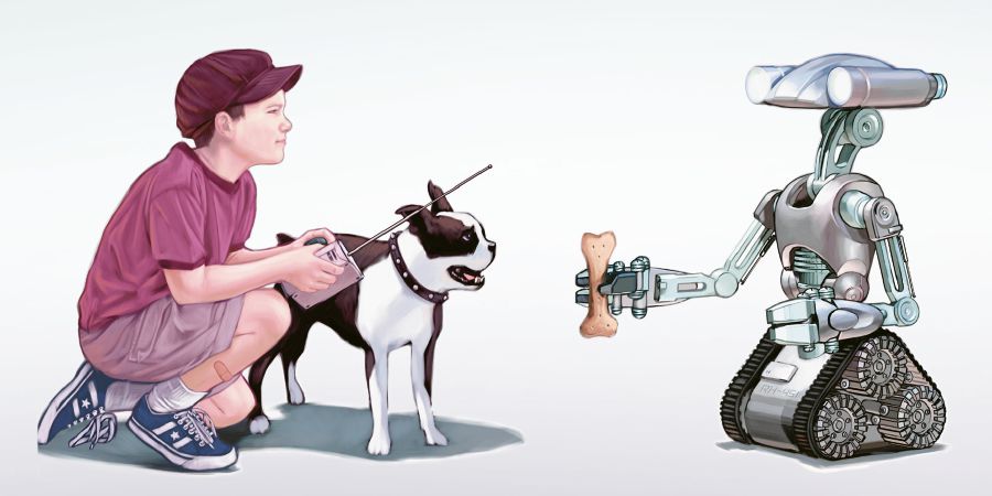 Chlapec naviguje robota, aby priniesol jeho psovi kosť