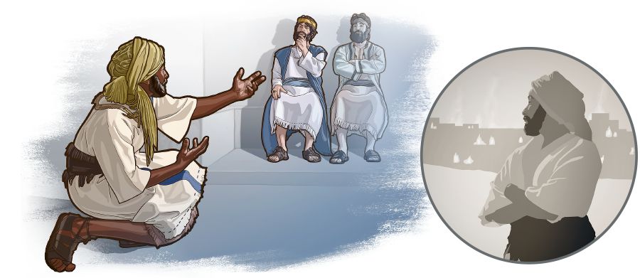 Ebed-melech odvážne predstupuje pred kráľa Cedekijaha a prežije zničenie Jeruzalema