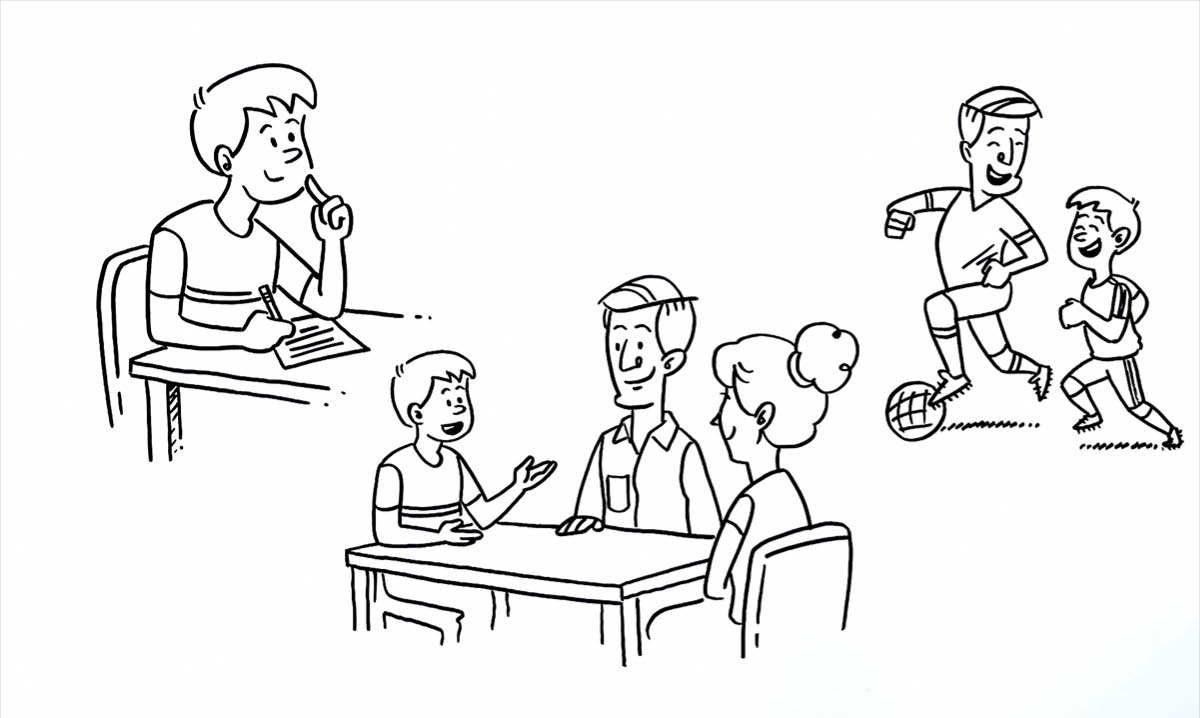 Chlapec píše rodičom list, rozpráva sa s nimi a hrá s otcom futbal