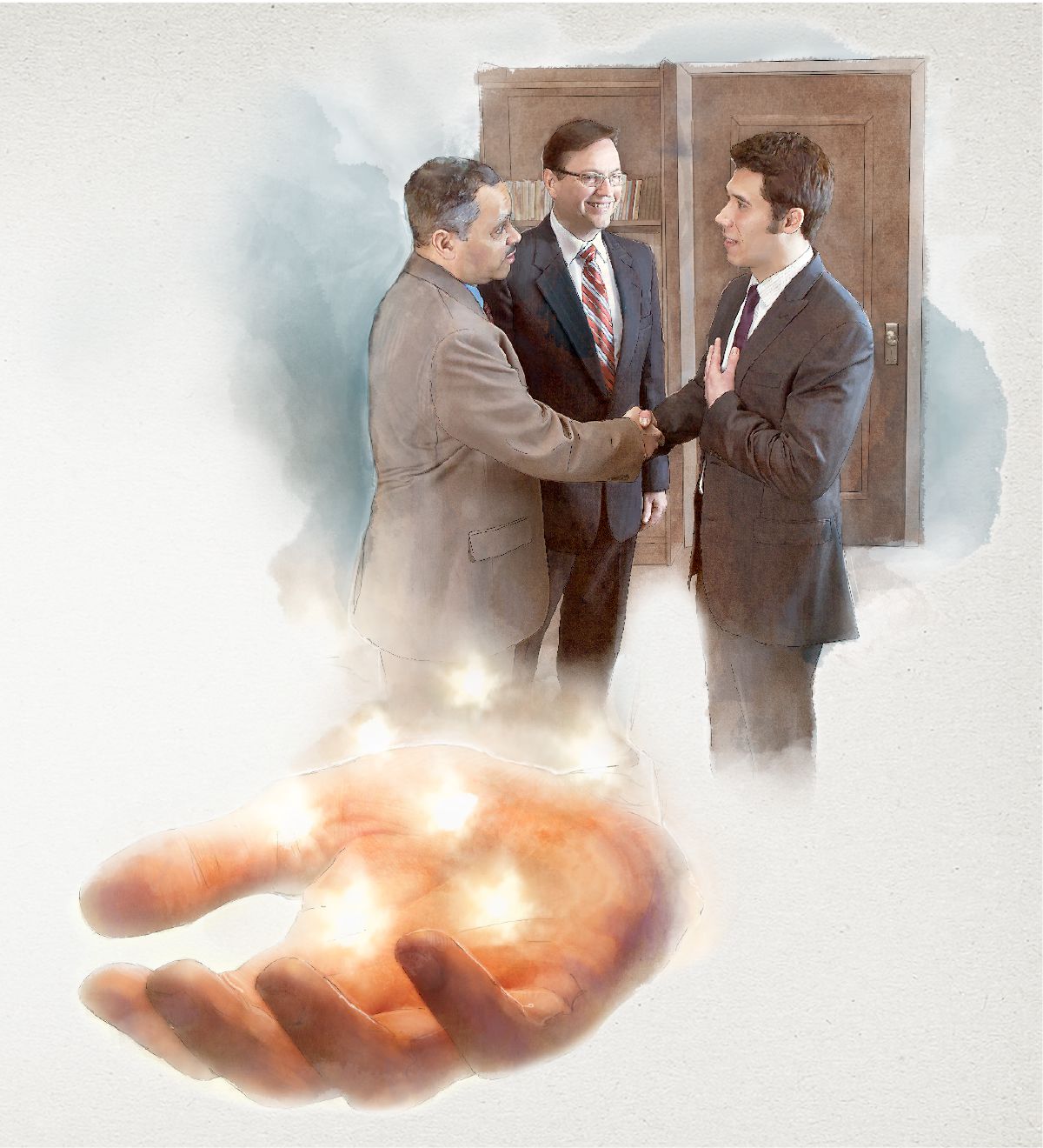 Dvaja starší sa rozprávajú s bratom; Ježiš má v ruke sedem hviezd