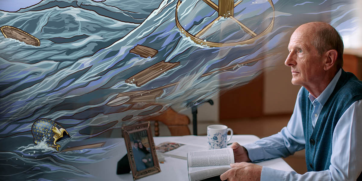 Starší brat si číta Bibliu a predstavuje si, ako bola egyptská armáda zničená v Červenom mori 