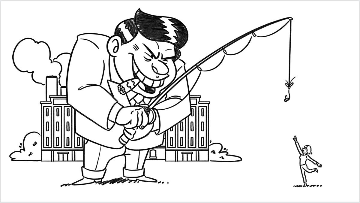 Záber z videa „Fajčenie? To teda nie!“: Podnikateľ v nadživotnej veľkosti drží v rukách rybársku udicu a na jej háčiku je zavesená elektronická cigareta; chce na ňu chytiť mladú ženu