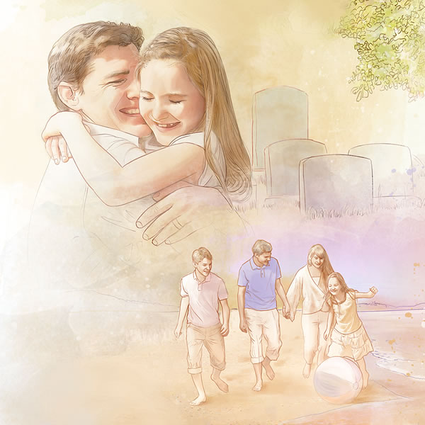 1. otec objíma svoju vzkriesenú dcéru; 2. rodina sa hrá na pláži