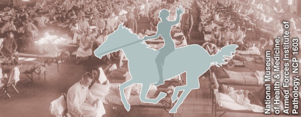 Jazdec na smrteľne bledom koni a v pozadí poľná nemocnica