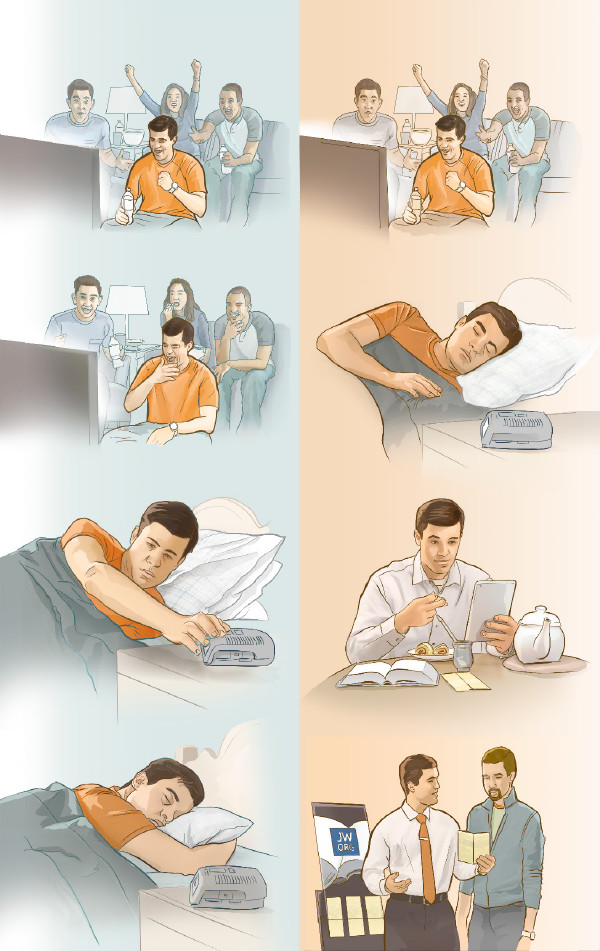 1. Brat dlho do noci pozerá televíziu a potom ráno dlho spí; 2. Brat nepozerá televíziu príliš dlho, takže ráno dokáže vstať a ísť do služby