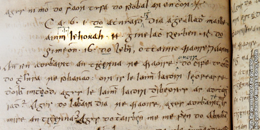 Stránka z Bedellovej Biblie, na ktorej je zvýraznené meno Jehova