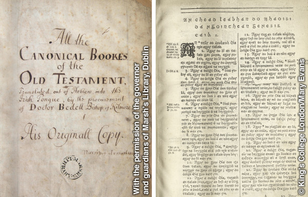 1. Titulný list Bedellovho pôvodného rukopisu; 2. Bedellova Biblia vytlačená v roku 1685