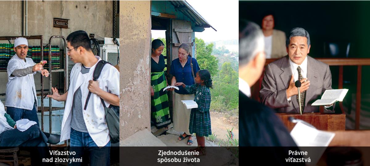 1. muž odmieta cigaretu, 2. kresťanka v službe v zahraničí, 3. kresťan v súdnej sieni