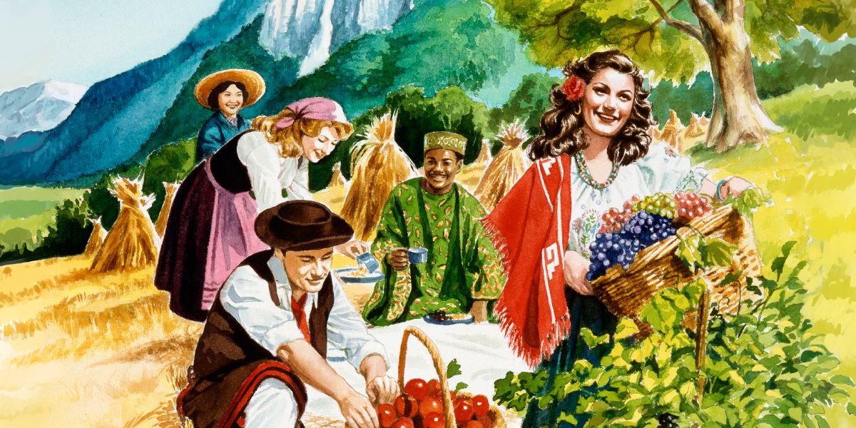 Ľudia rôznych rás sa spoločne tešia zo života v raji