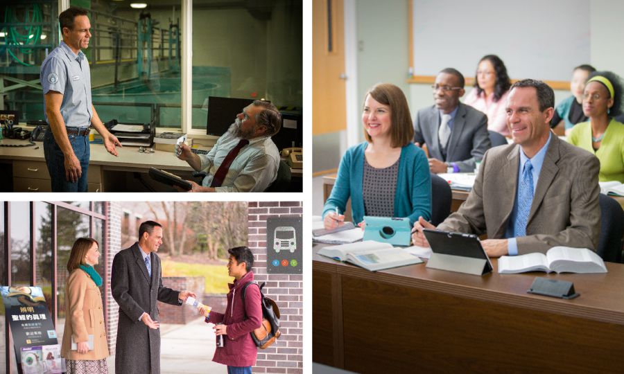 Brat sa rozpráva so svojím zamestnávateľom; manželia v službe pri stojane s literatúrou a v škole pre zvestovateľov Kráľovstva