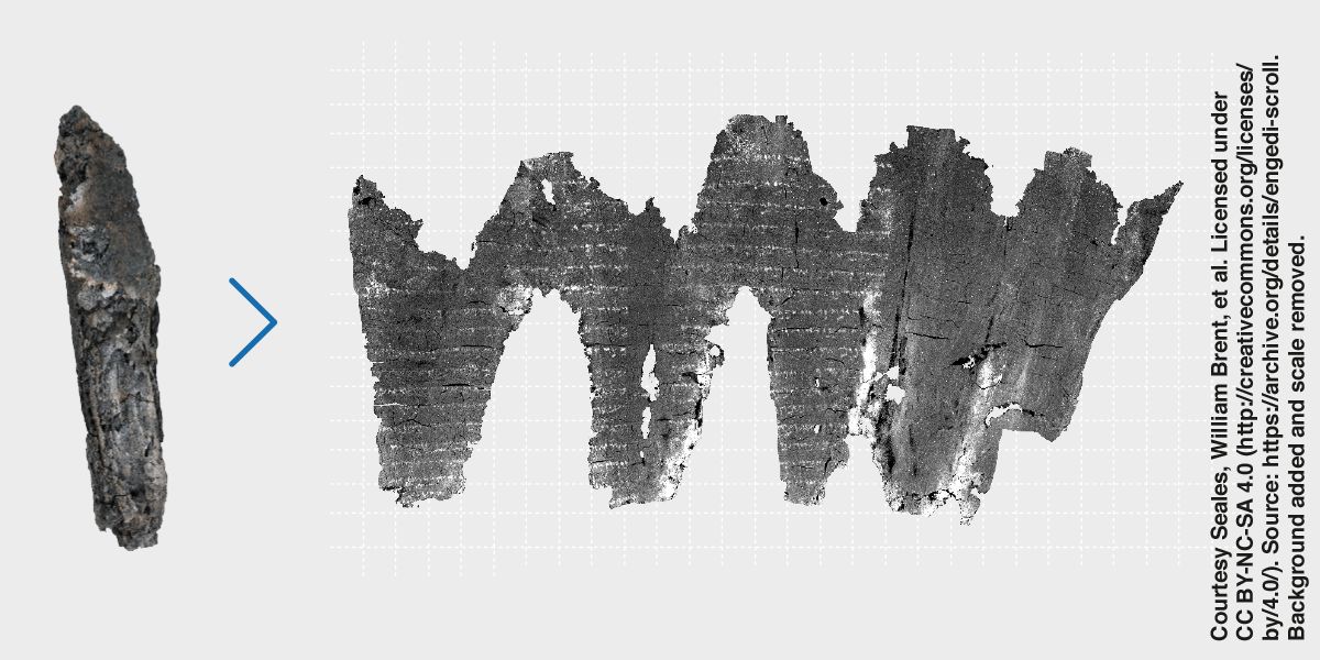 Obhorený fragment zvitku objaveného v En-Gedi; virtuálne rozvinutý fragment tohto zvitku