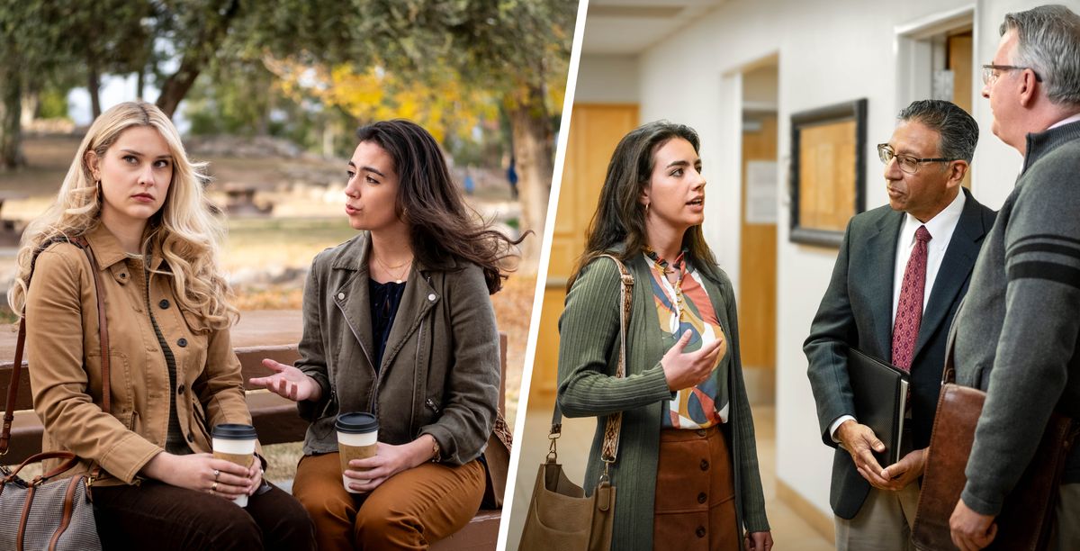 Séria obrázkov: 1. Dve sestry sedia na lavičke v parku a pijú kávu. Jedna rozpráva a druhá sa pozerá inde. 2. Neskôr tá sestra, ktorá rozprávala, hovorí v sále Kráľovstva s dvoma staršími.