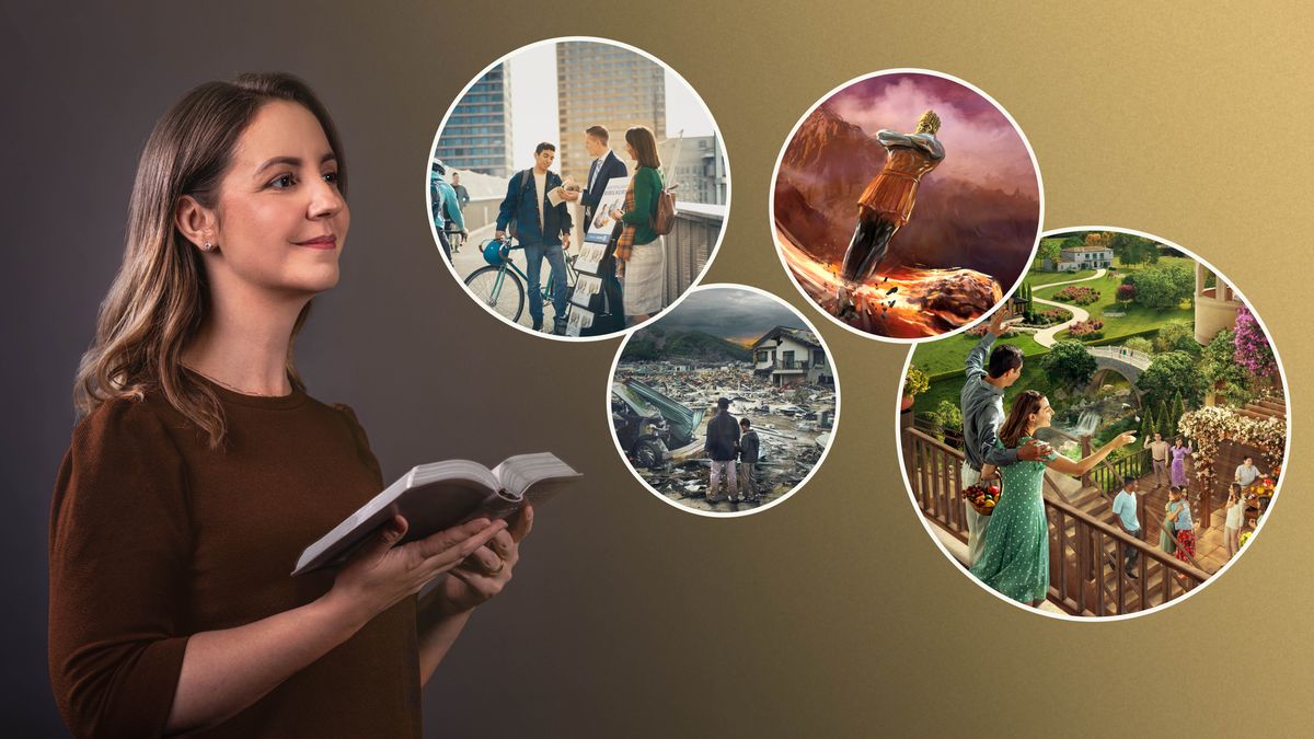 Sestra si číta Bibliu a premýšľa o proroctvách. Séria obrázkov: 1. Manželia stoja pri stojane s publikáciami a rozprávajú sa s jedným mužom. 2. Otec so synom sa pozerajú na škody po prírodnej katastrofe. 3. Kameň zasiahol nohy na soche z Nabuchodonozorovho sna, ktorý je opísaný v 2. kapitole knihy Daniel. 4. Ľudia sa tešia zo života v raji na zemi.