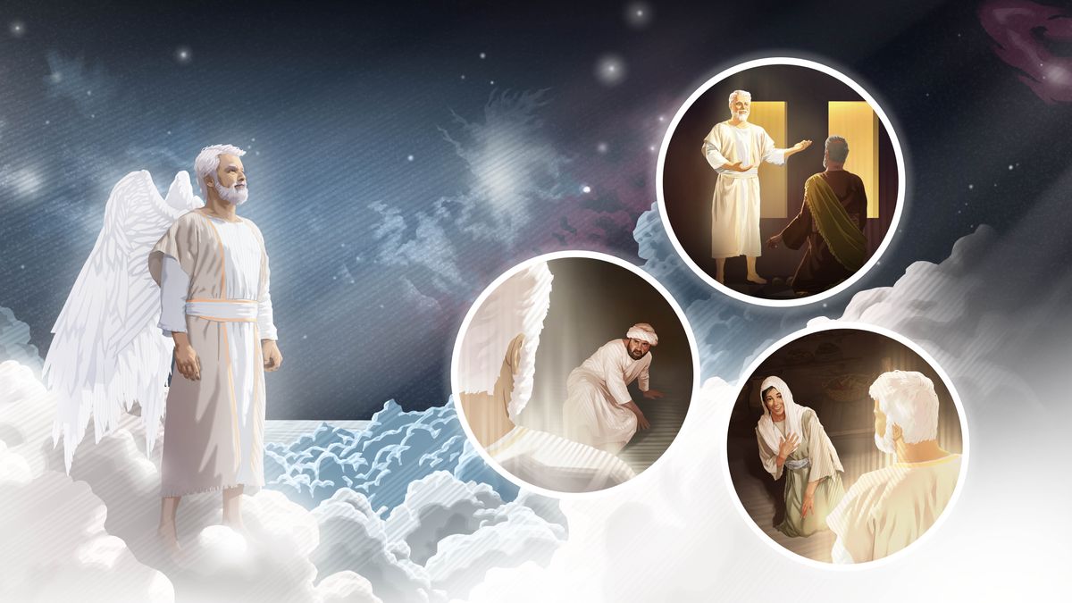 1. Anjel Gabriel je v nebi a pozerá sa hore; 2. odovzdáva posolstvo Danielovi; 3. odovzdáva posolstvo Zachariášovi; 4. odovzdáva posolstvo Márii.