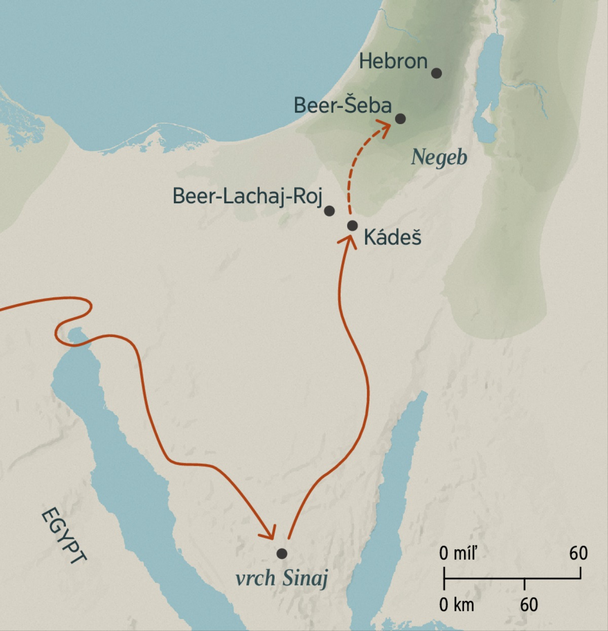 Mapa, ktorá zobrazuje dlhú cestu, ktorú Izraeliti prešli z Egypta do Kádeša cez vrch Sinaj. Je na nej vyznačená aj kratšia cesta z Kádeša do Beer-Šeby a mesto Hebron v Zasľúbenej krajine.