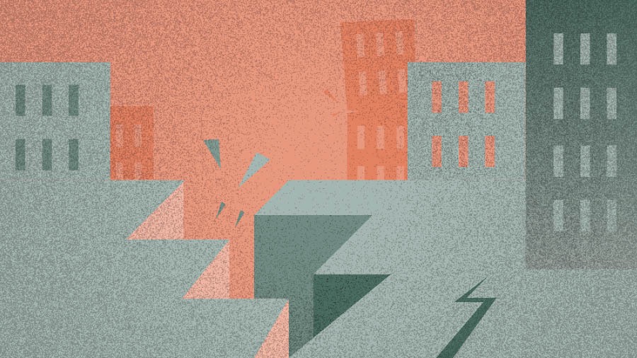 Poškodené budovy po zemetrasení.