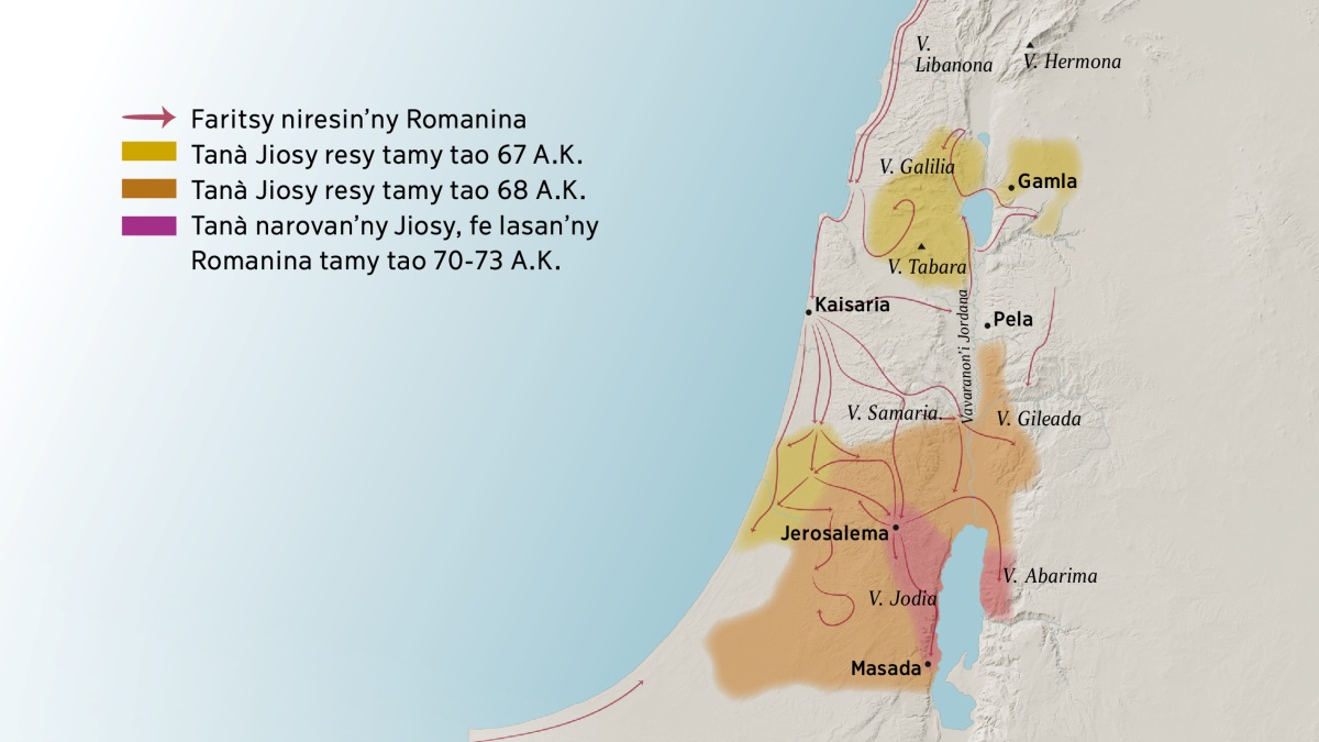 Sarin-tany mampiseho vohitsy noho tanà sisany tan’Israely any tamy taonjato voalohany. Tavaratsy Jerosalema any ty nisy an’ny vohitsy Libanona, Galilia, Samaria, Gileada, noho ty Vohitsy Hermona noho Vohitsy Tabara. Tavaratsy Jerosalema any koa ty nisy an’ny tanàn’i Gamla, Kaisaria, noho Pela. Tantimon’i Jerosalema any ty nisy an’ny vohitsy ta Jodia noho ta Abarima any rey, noho ty tanàn’i Masada. Asehony amy sarin-tany eo koa ty lala nandalovan’ny Romanina lafa nanafiky rozy noho ty tanàn’ny Jiosy niresin-drozy tamy tao 67 A.K. zisiky amy tao 73 A.K.