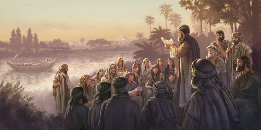 O tane, fafine, ma tamaiti Iutaia i autafa o se vaitafe o loo faalogologo atu i le faitauina o se tusi tāʻai. O loo iloa atu foʻi i le pito i tua le aai o Papelonia.