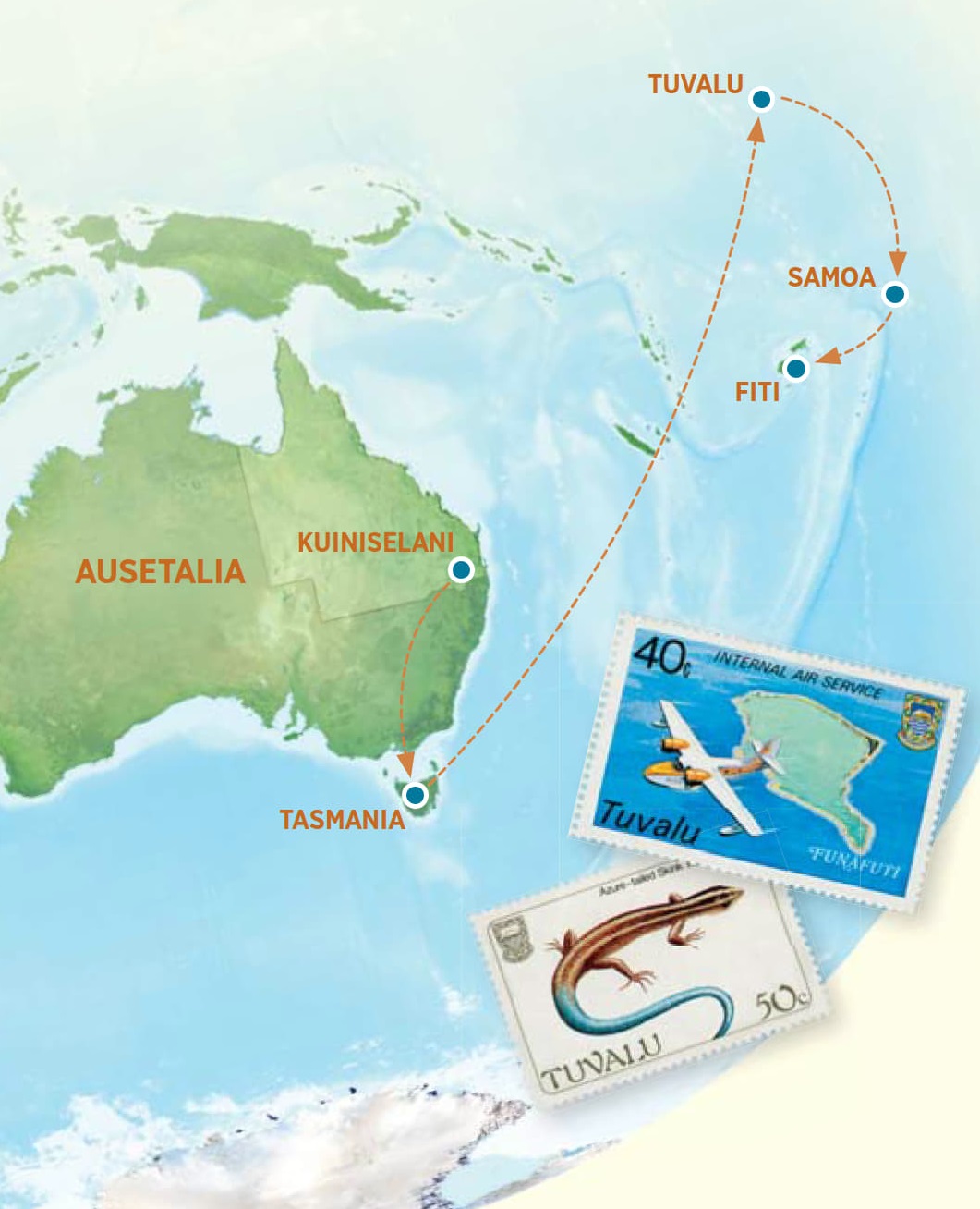 Se faafanua o loo iloa atu ai Ausetalia, Tasmania, Tuvalu, Samoa, ma Fiti