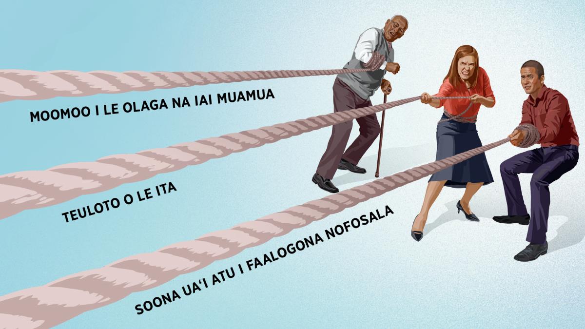 O se uso matua, se tuafafine ma se uso talavou o loo tofu i latou ma le maea e toso. O loo tusia i maea faaupuga ʻmoomoo i le olaga na iai muamua,’ ʻteuloto o le ita,’ ma le ʻsoona uaʻi atu i faalogona nofosala’.