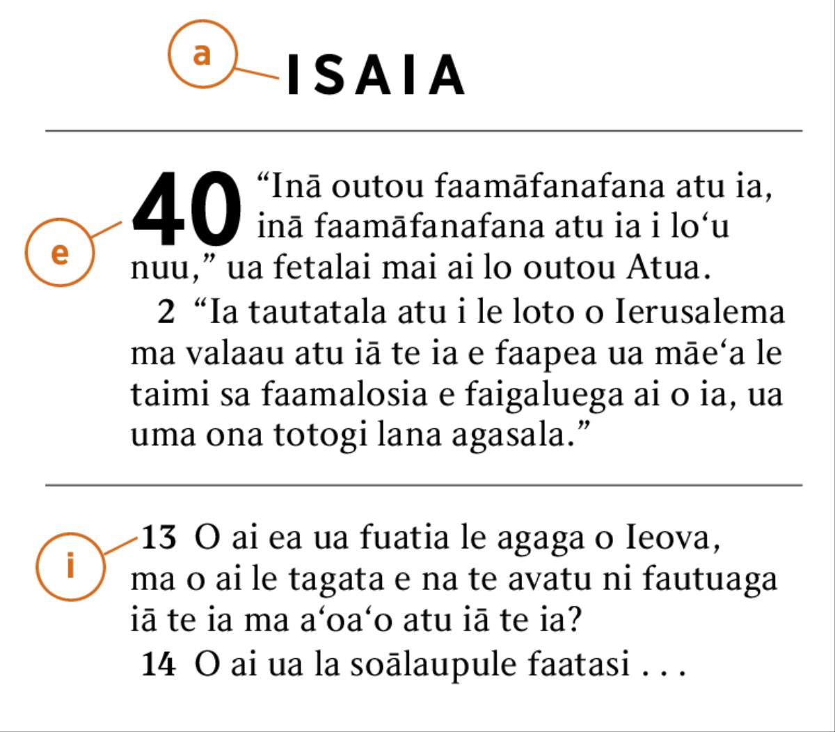 O se mau o le Tusi Paia o loo faailoa mai ai le auala e maua ai le vaega a) le tusi o le Tusi Paia, e) le mataupu, ma i) le fuaiupu