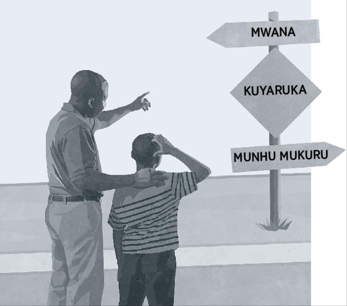 Baba nemwana wavo vachitarisa chikwangwani chinoratidza kuti munhu anotanga ari mwana, ozoyaruka, ozova munhu mukuru