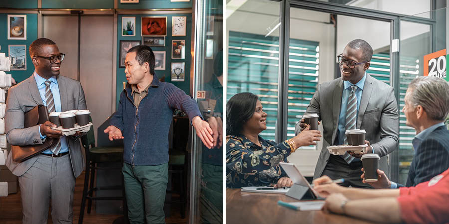 Mapikicha: 1. Murume wekuAsia ari kuvhurira dhoo murume wechitema akabata kofi. 2. Murume uya wechitema ava kunwa kofi nevaanoshanda navo kusanganisira mukadzi wechiIndia watamboona.