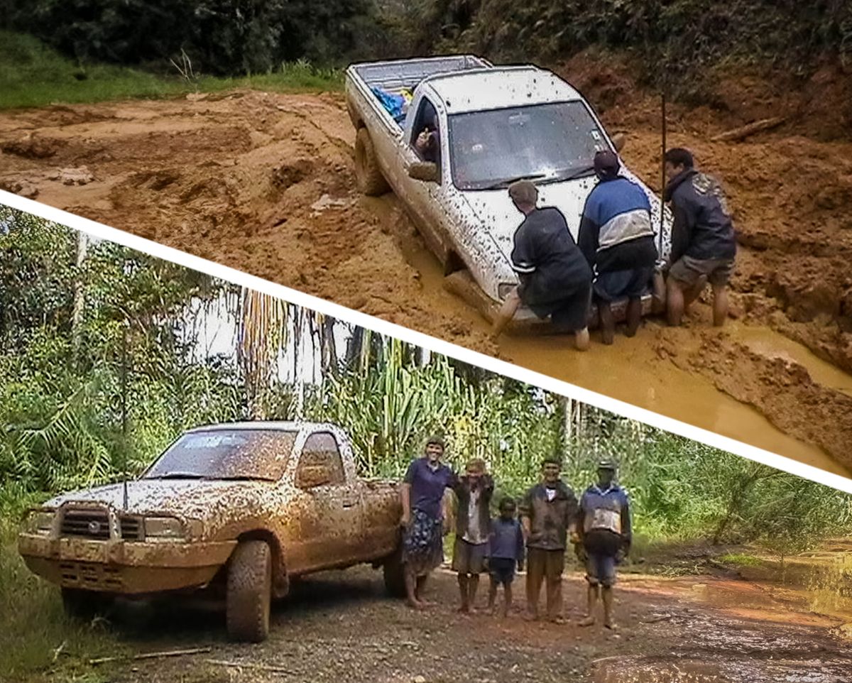 Mapikicha: 1. Vaparidzi vatatu vari kusunda mota yaanaWarren yanyura mumadhaka. 2. Pave paya Leann nevamwe vaparidzi vamira padivi pemota hembe dzavo dzakazara madhaka.