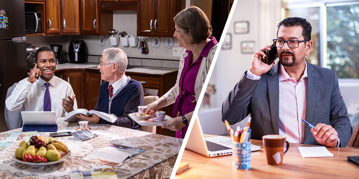 Mapikicha: Hama yechidiki iri kuparidza nefoni neimwe mhuri yechikuru. 1. Hama yacho iri kutaura pafoni nemumwe murume. 2. Murume wacho ari kuteerera zvaari kuparidzirwa.