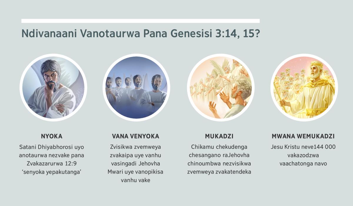 Mifananidzo: “Ndivanaani Vanotaurwa Pana Genesisi 3:14, 15?” 1. Nyoka: Satani, ari kuratidzwa sechisikwa chemweya. 2. Vana venyoka: zvisikwa zvemweya zvakaipa. 3. Mukadzi: zvisikwa zvemweya zvakatendeka. 4. Mwana wemukadzi: Jesu Kristu nevakazodzwa vaachatonga navo vari kudenga. Zviri pamifananidzo iyi zvinodzokororwa mundima 4, 5, 7, uye 8.