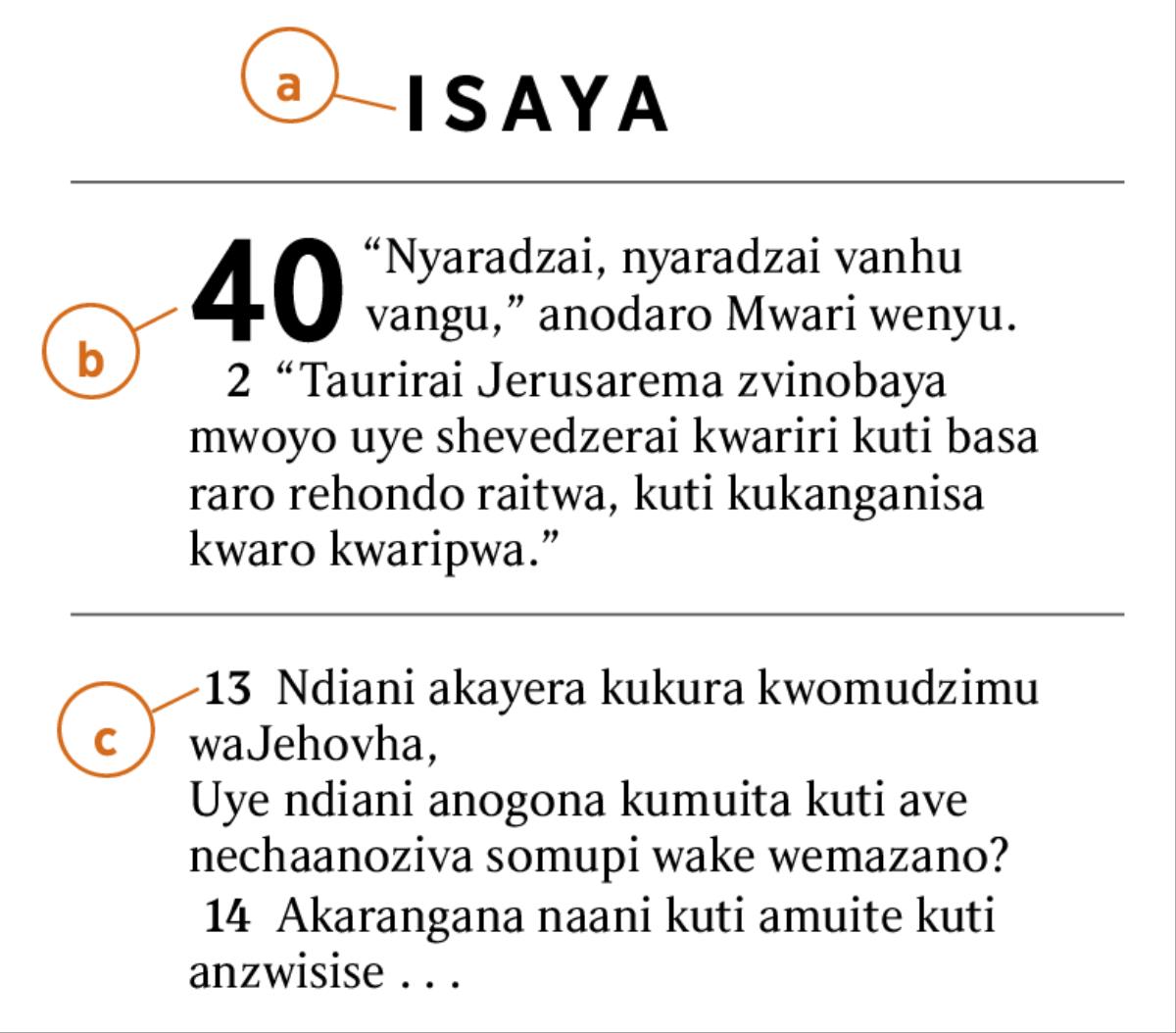 Mashoko emuBhaibheri achiratidza a) Zita rebhuku racho remuBhaibheri, b) chitsauko chacho, uye c) vhesi yacho