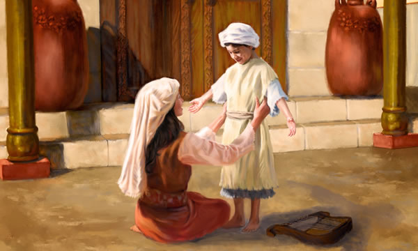 Hana në tabernakull duke i veshur Samuelit një petk pa mëngë