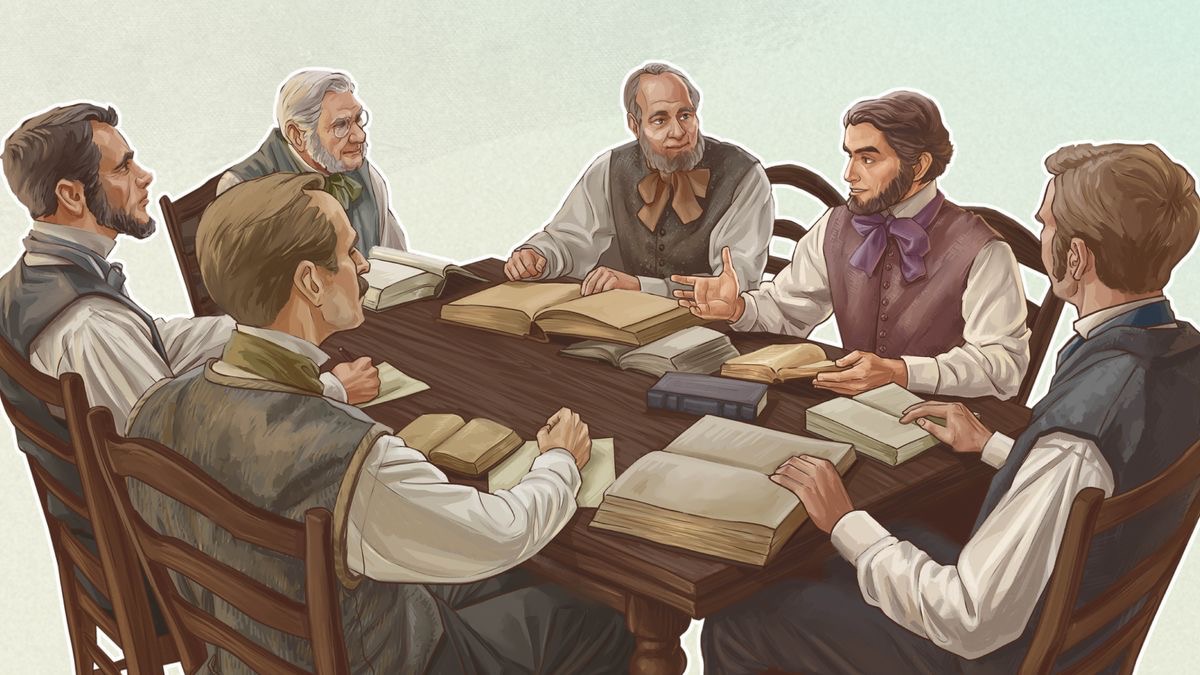 Vëlla Rasëlli dhe studentë të tjerë të Biblës përdorin mjete për studimin e Biblës dhe diskutojnë për ata që kanë mësuar.