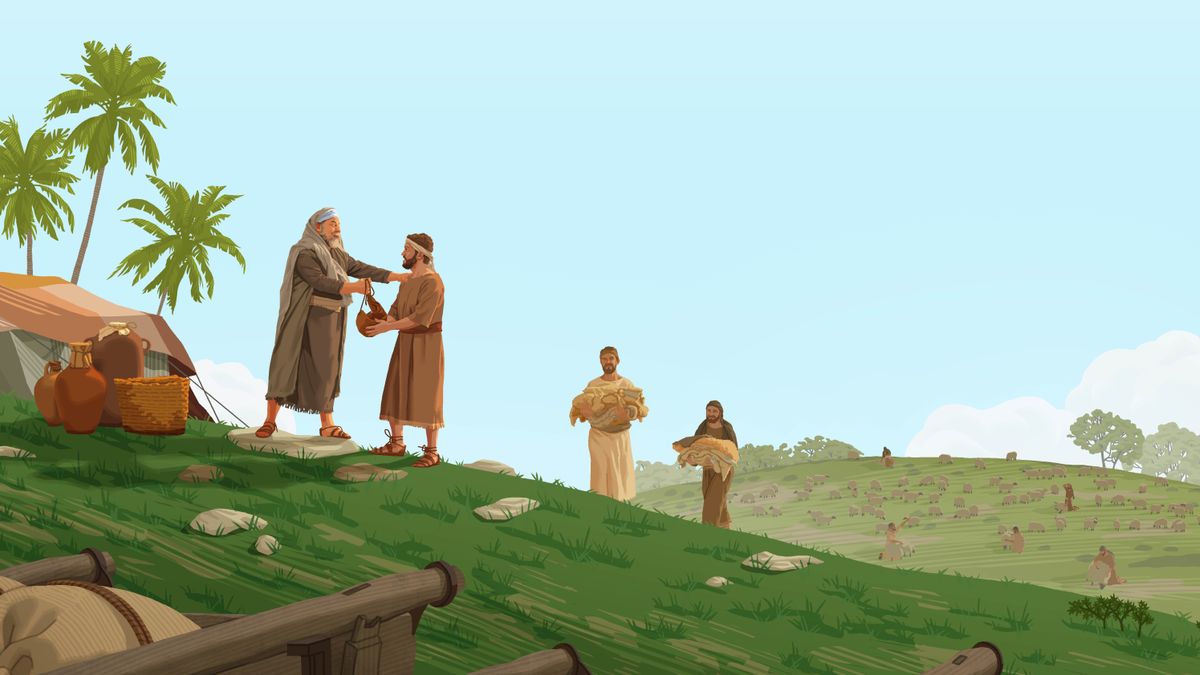 Власник стада оваца стоји испред свог шатора и с осмехом на лицу дарује једног од људи који му стрижу овце. Још двојица радника пристижу носећи у рукама овчије руно.