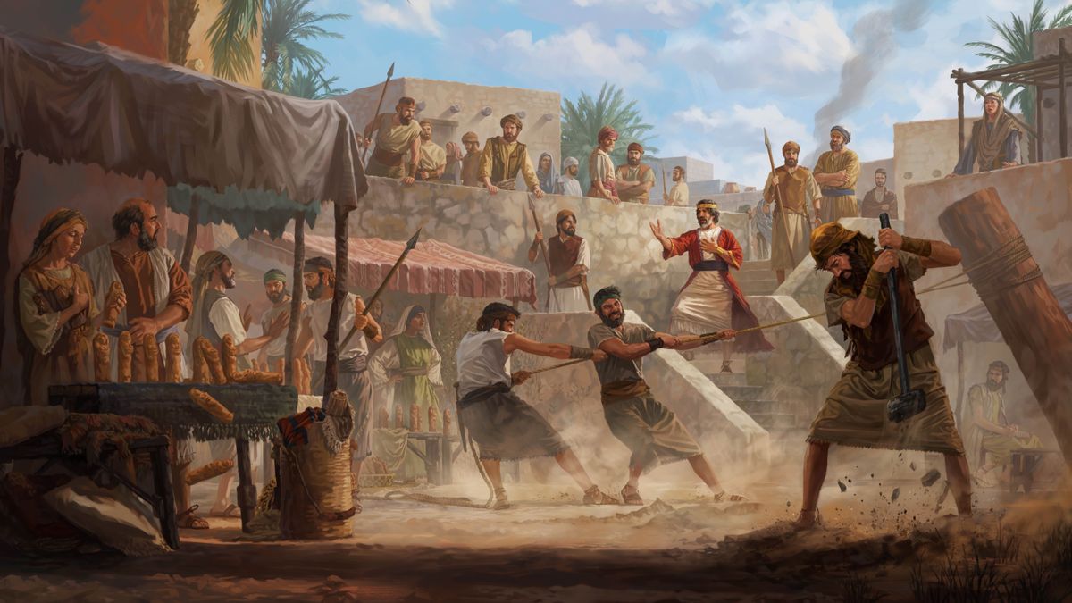 Манасија се на пијаци обраћа житељима Јерусалима, а тезге су препуне идола. Војници руше обредно дебло и уништавају идоле.