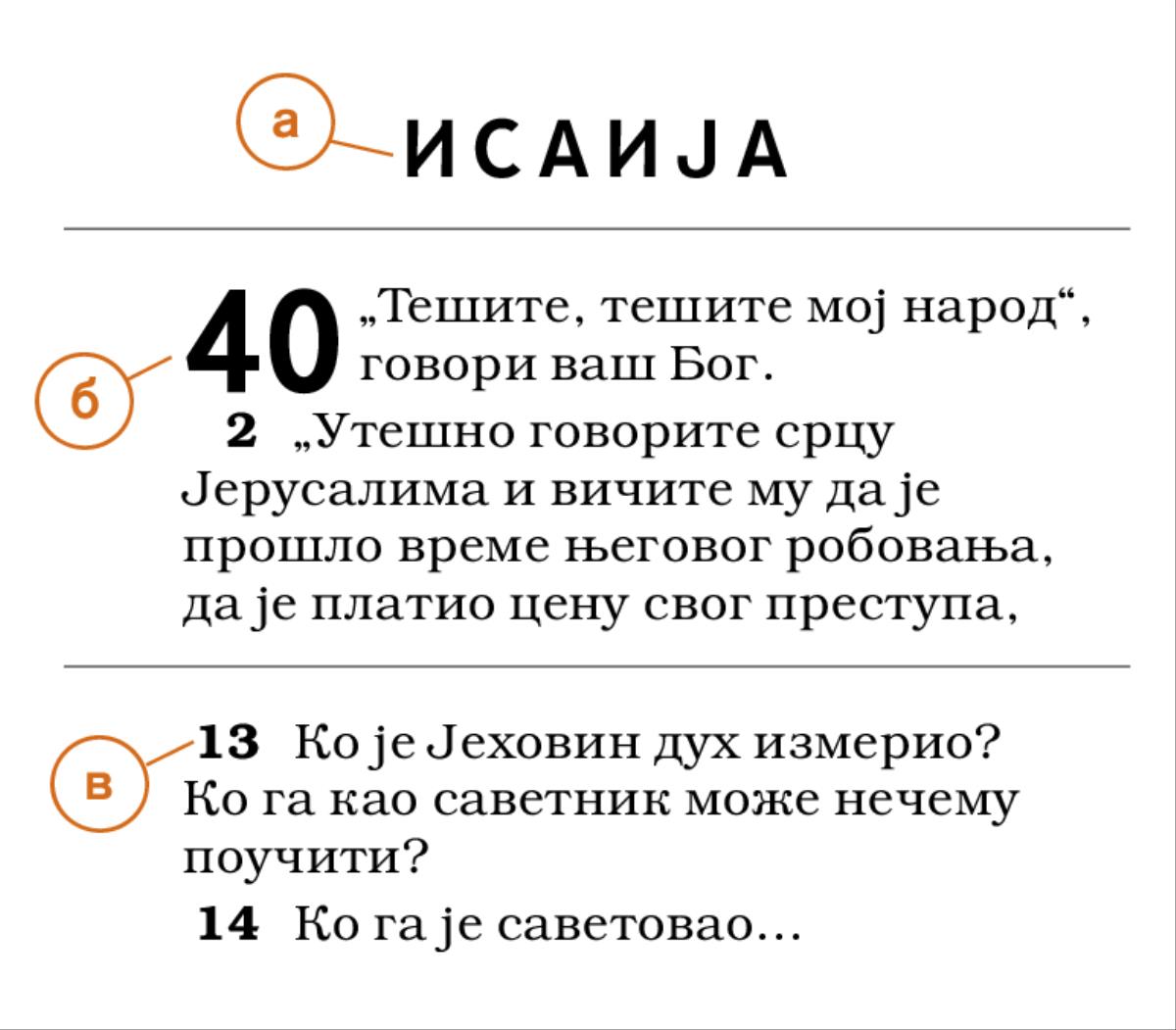 Део из Библије у ком је показано како се означавају а) библијска књига, б) поглавље и в) стих