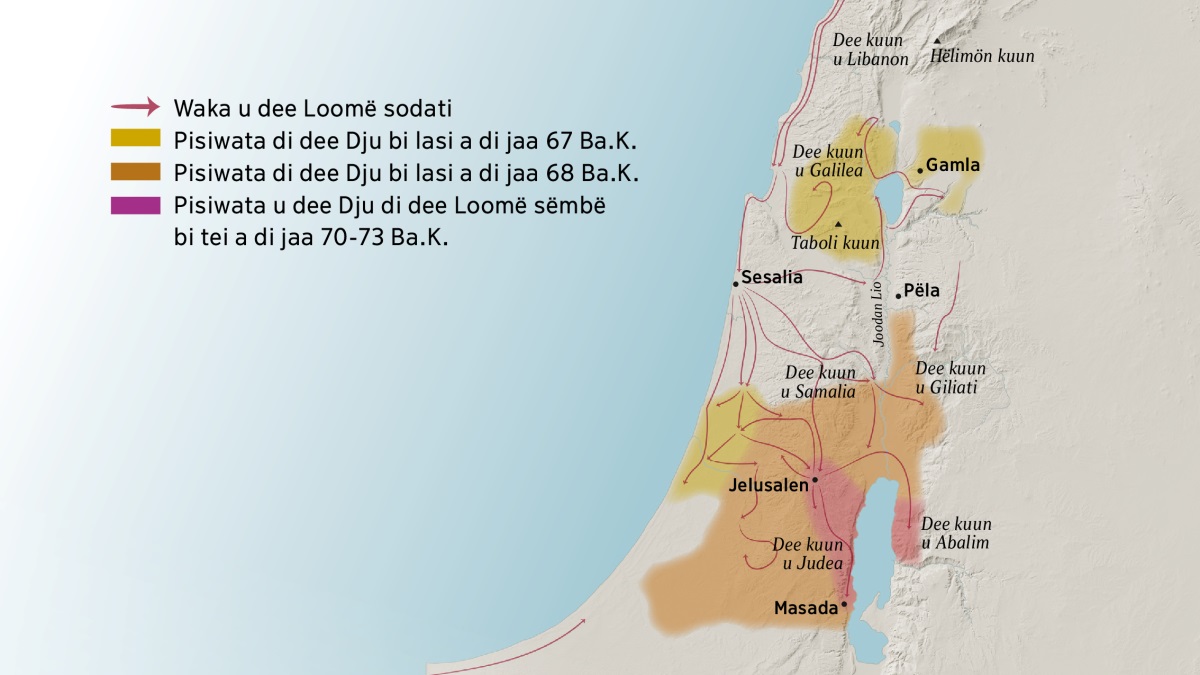Wan kaita ka u ta si so u dee kuun ku dee foto u Isaëli a di ten u dee fesiten Keesitu sëmbë. A bausë u Jelusalen u ta si di kuun u Libanon, di u Galilea, di u Samalia, di u Giliati, söseei di kuun de kai Hëlimön, ku di kuun de kai Tabolu. Dee foto dee dë a libasë u Jelusalen da Gamla, Sesalia, ku Pëla. A libasë u Jelusalen u ta si dee kuun u Judea ku Abalim, ku di foto Masada. U ta si tu na un pasi dee Loomë sodati bi waka, söseei dee pisiwata di dee Dju sëmbë bi lasi a di jaa 67 te go miti di jaa 73 Baka Keesitu.